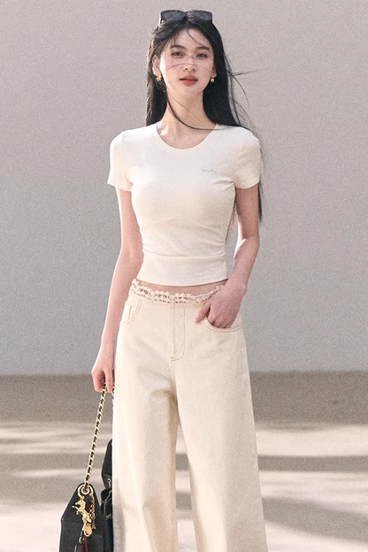 Contrast Embroidered Ruched Top