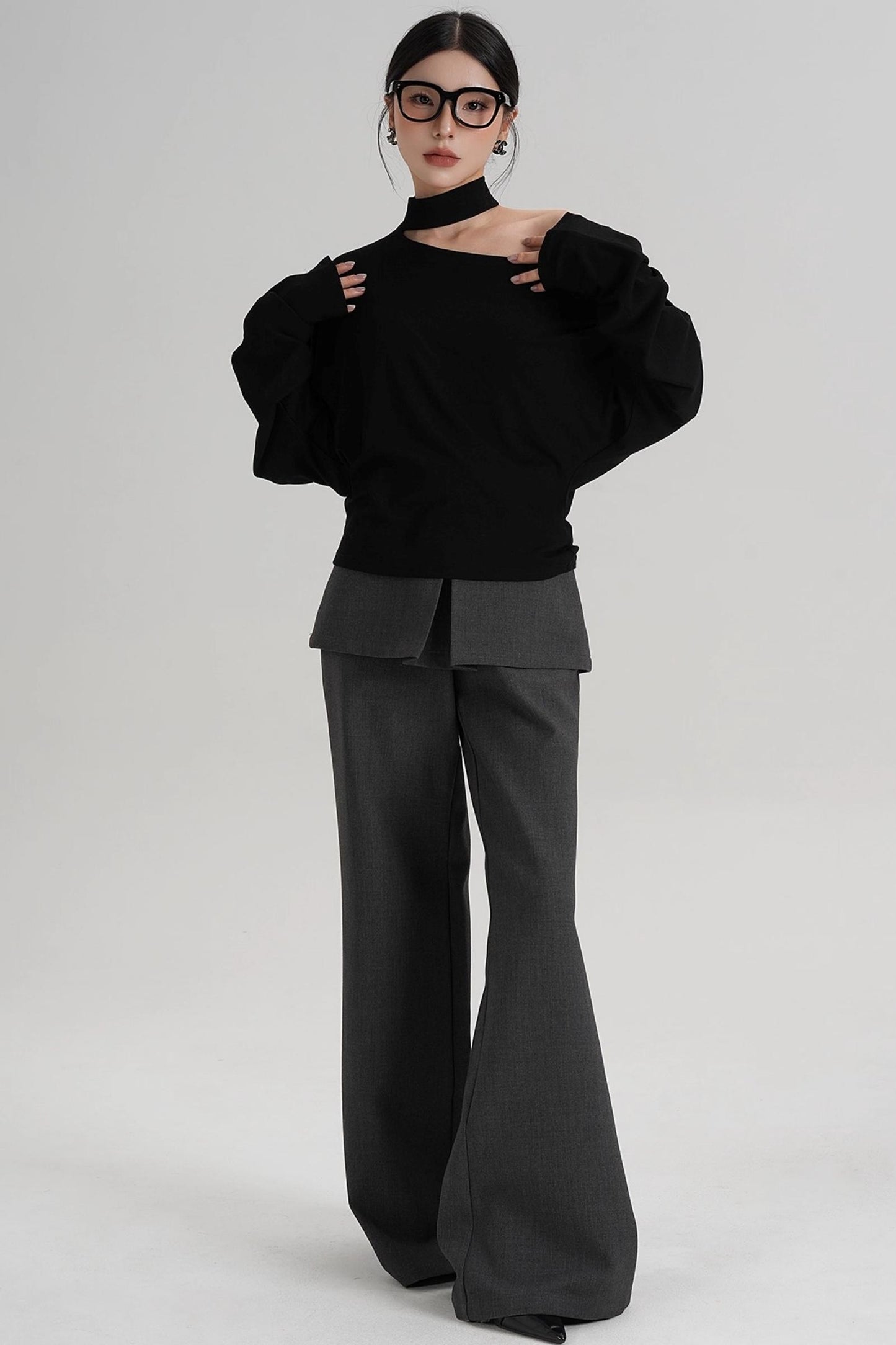 Halterneck Slanted Shoulder Long Sleeve Top