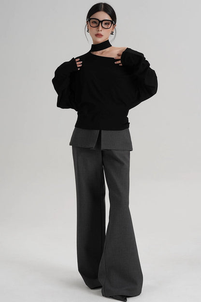 Halterneck Slanted Shoulder Long Sleeve Top