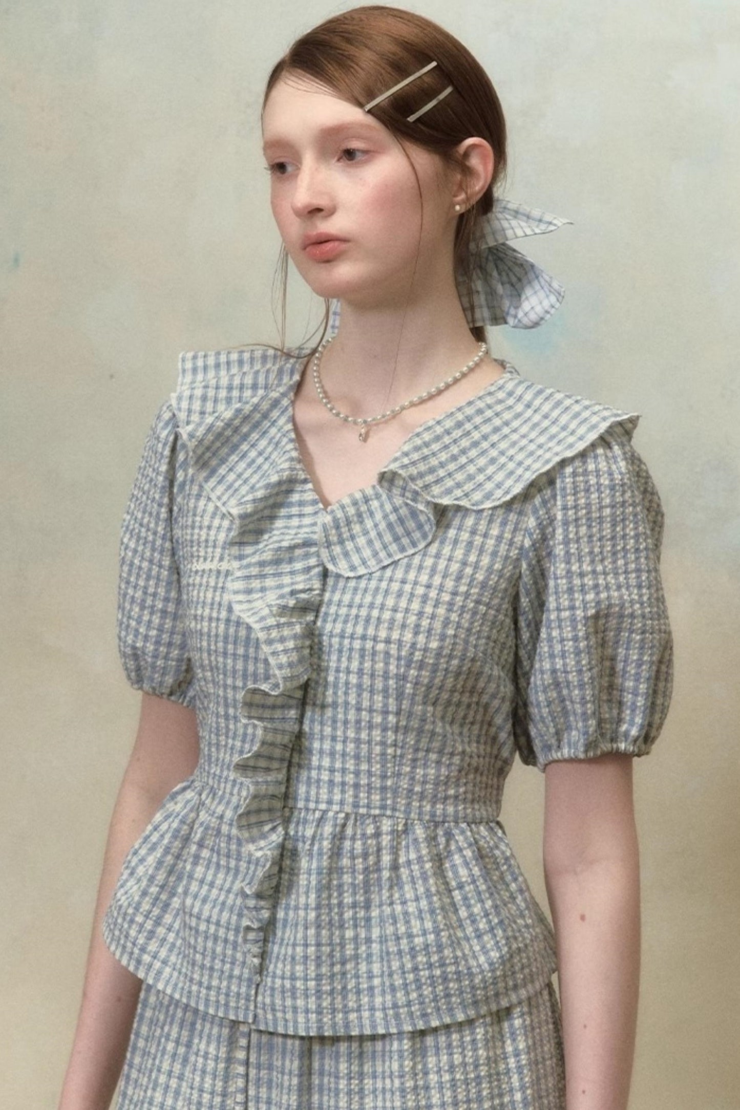 Plaid Ruffle Sleeve Blouse