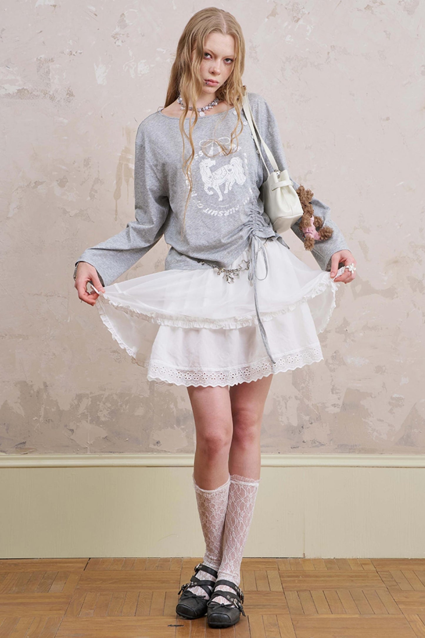 Slanted Monochrome Flower Ruffle T-Shirt