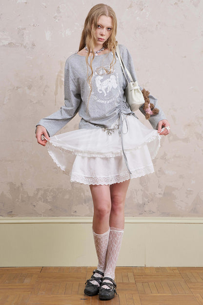 Slanted Monochrome Flower Ruffle T-Shirt