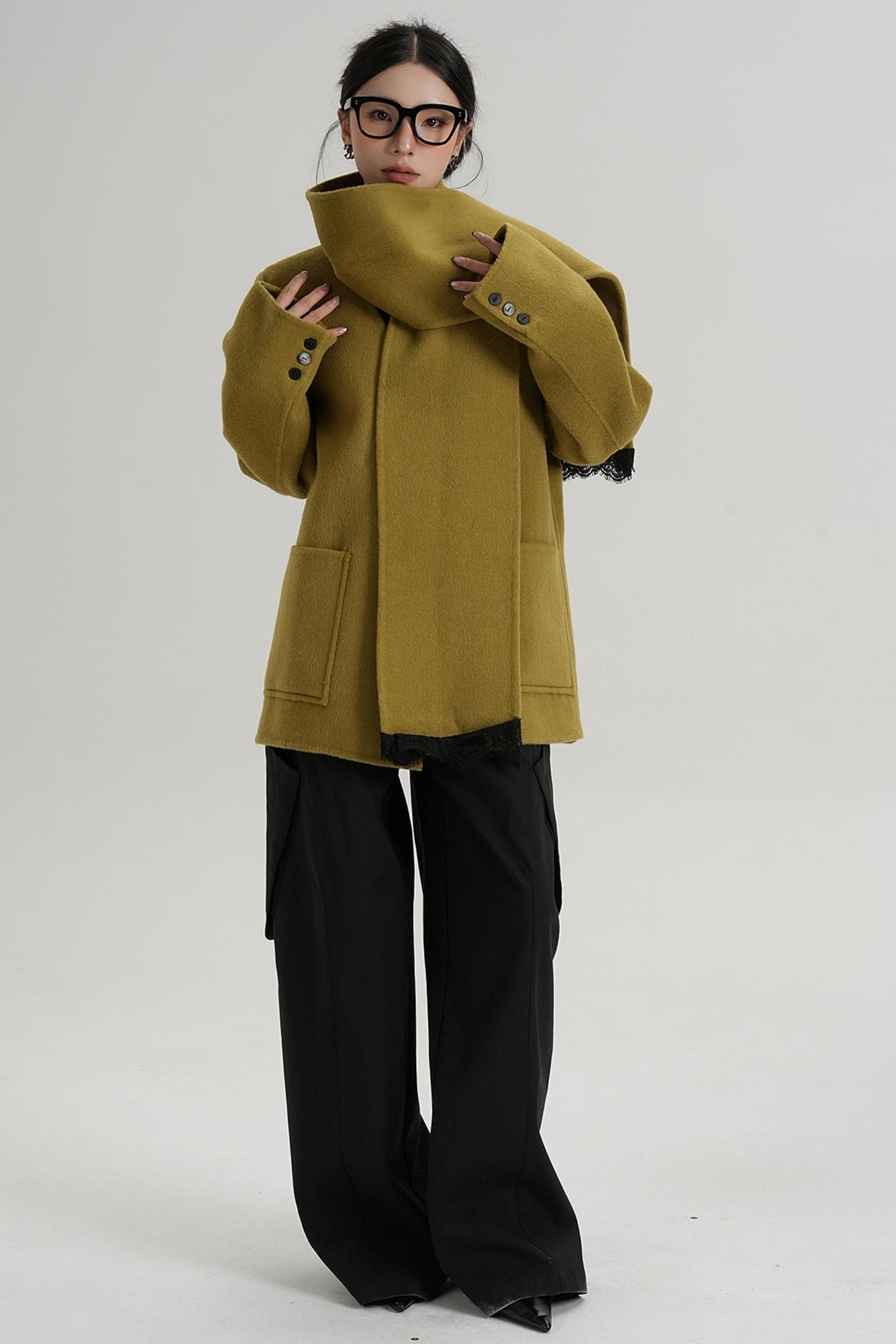 Scarf Patchwork Lace Woolen Coat