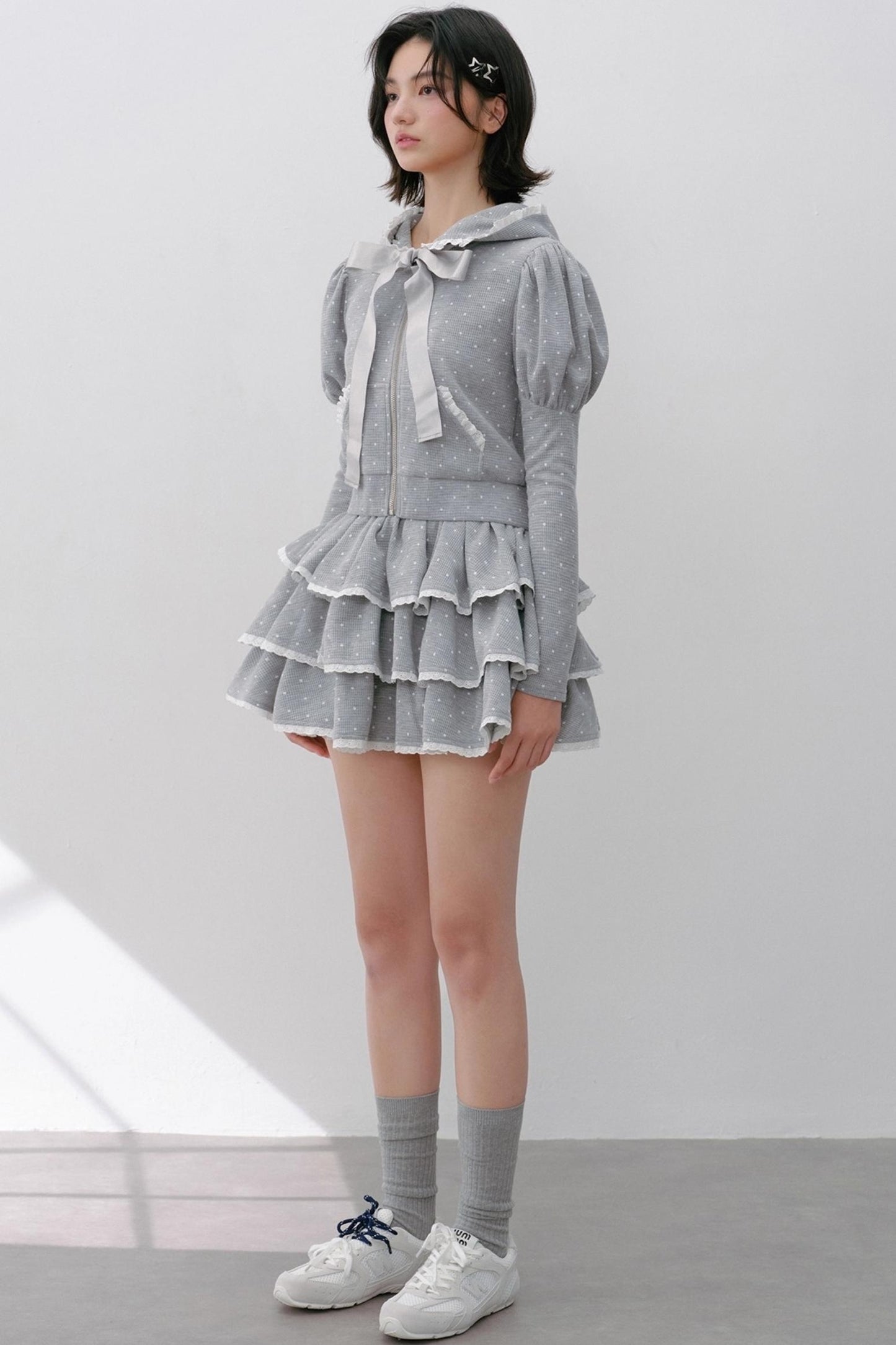 Hooded Polka Dot Tracksuit Skirt Set-Up