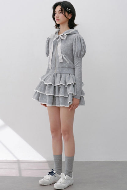 Hooded Polka Dot Tracksuit Skirt Set-Up