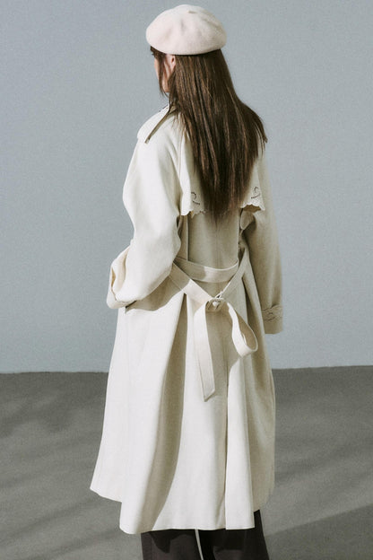 Creamy Hollow Flower Trench Coat