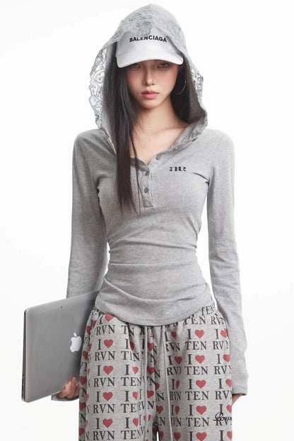 Lace Patchwork Hooded Top