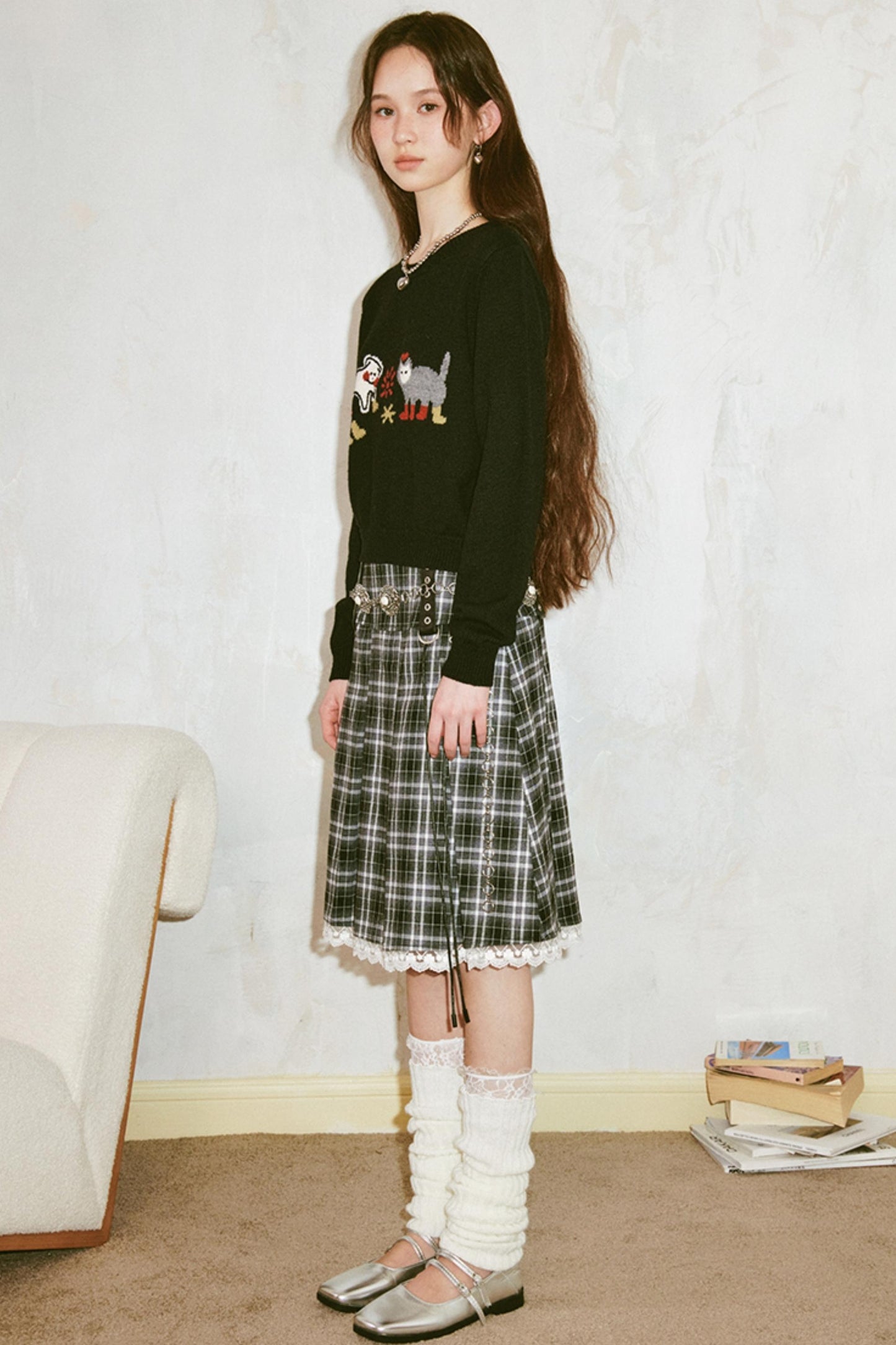 Kitten Puppy Embroidered Wool Blend Top