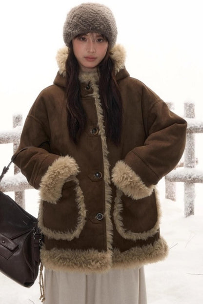 Reversible Hooded Suede Coat