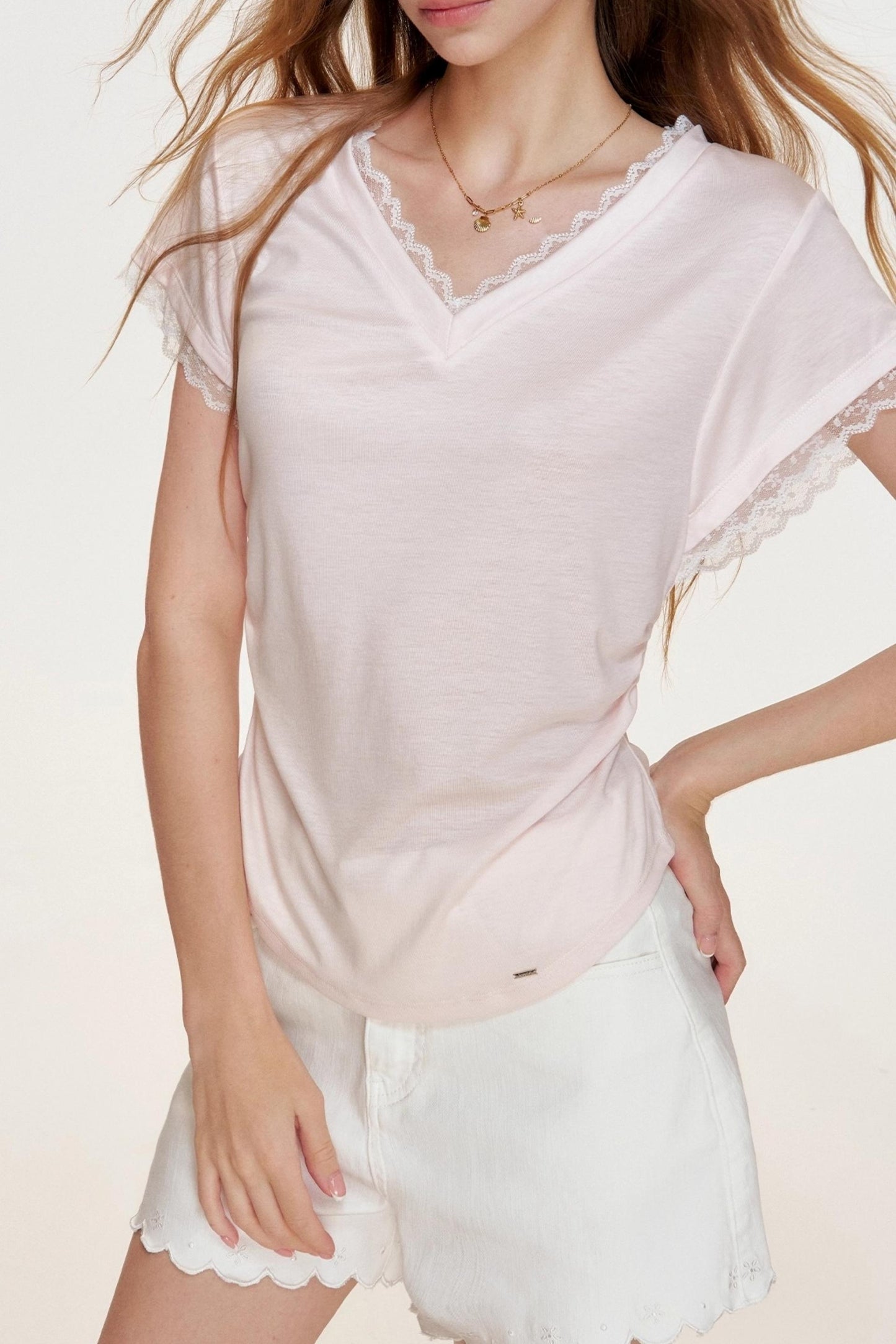 Floral Lace Shirring Short Sleeve T-Shirt