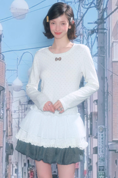 Lace Pleated Polka Dot Top