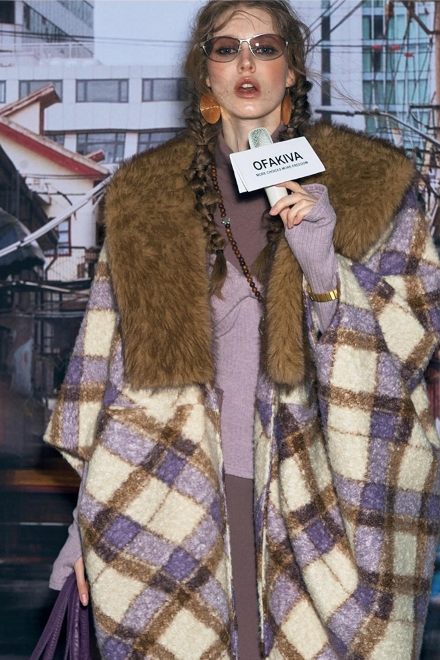 Plaid Fur Collar Woolen Coat