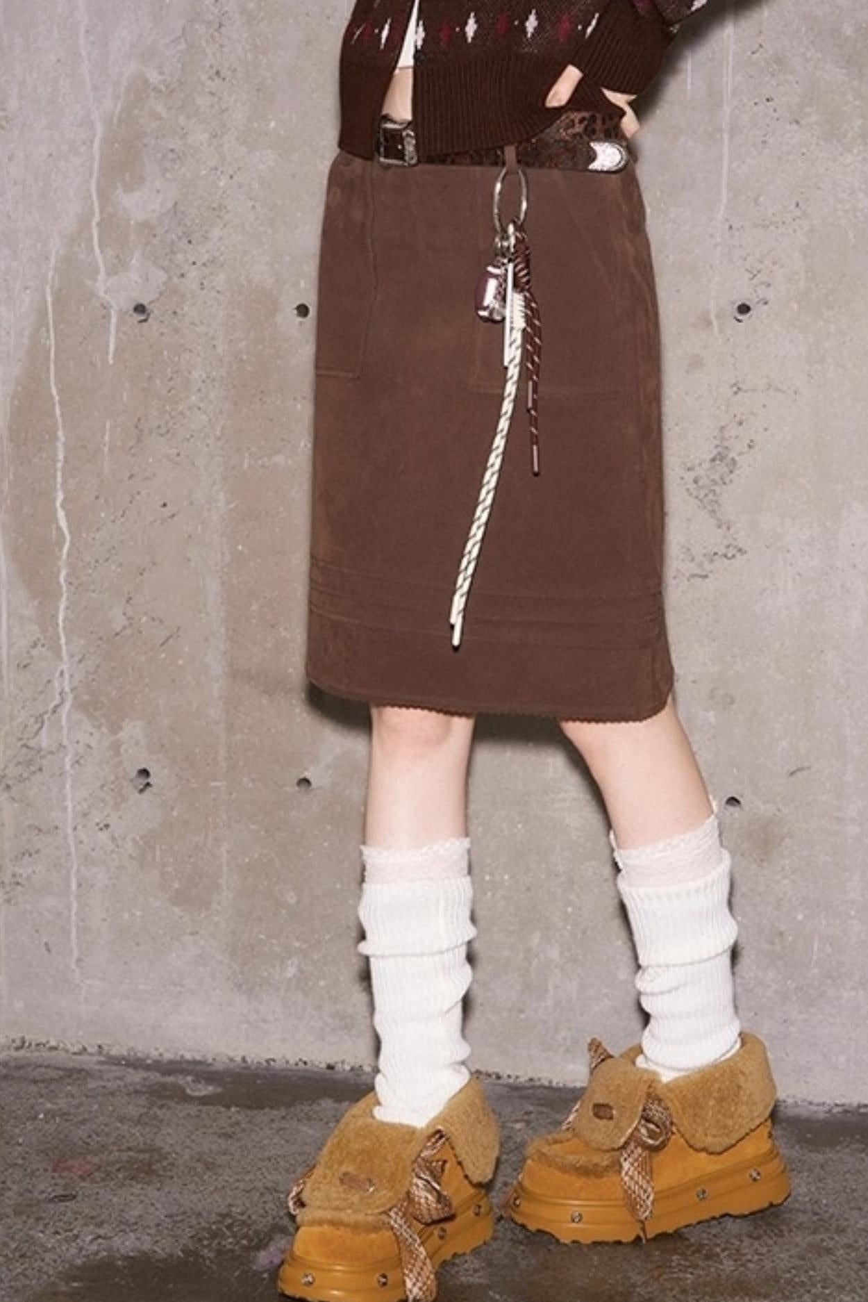 Layering Wave Lace Leather Skirt