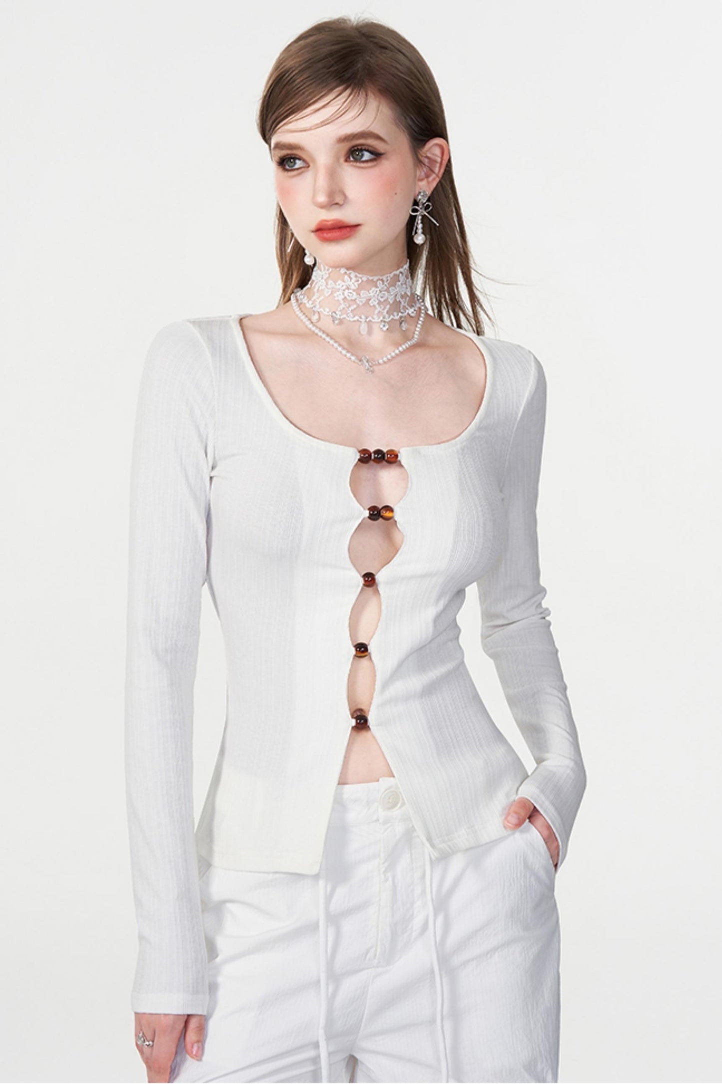 Color Beaded U-Neck Long Sleeve Tee