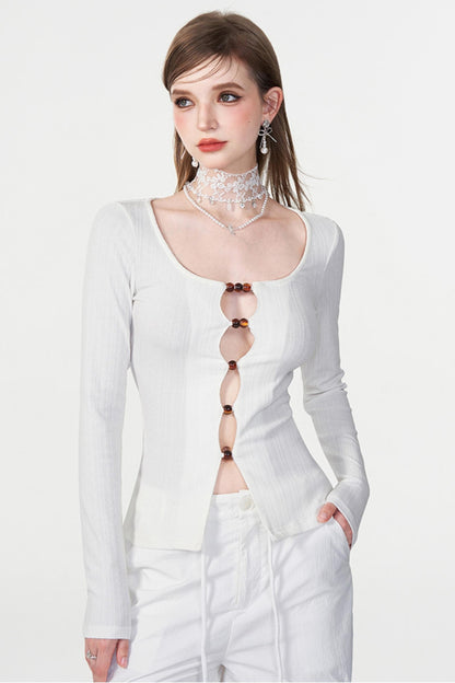 Color Beaded U-Neck Long Sleeve Tee