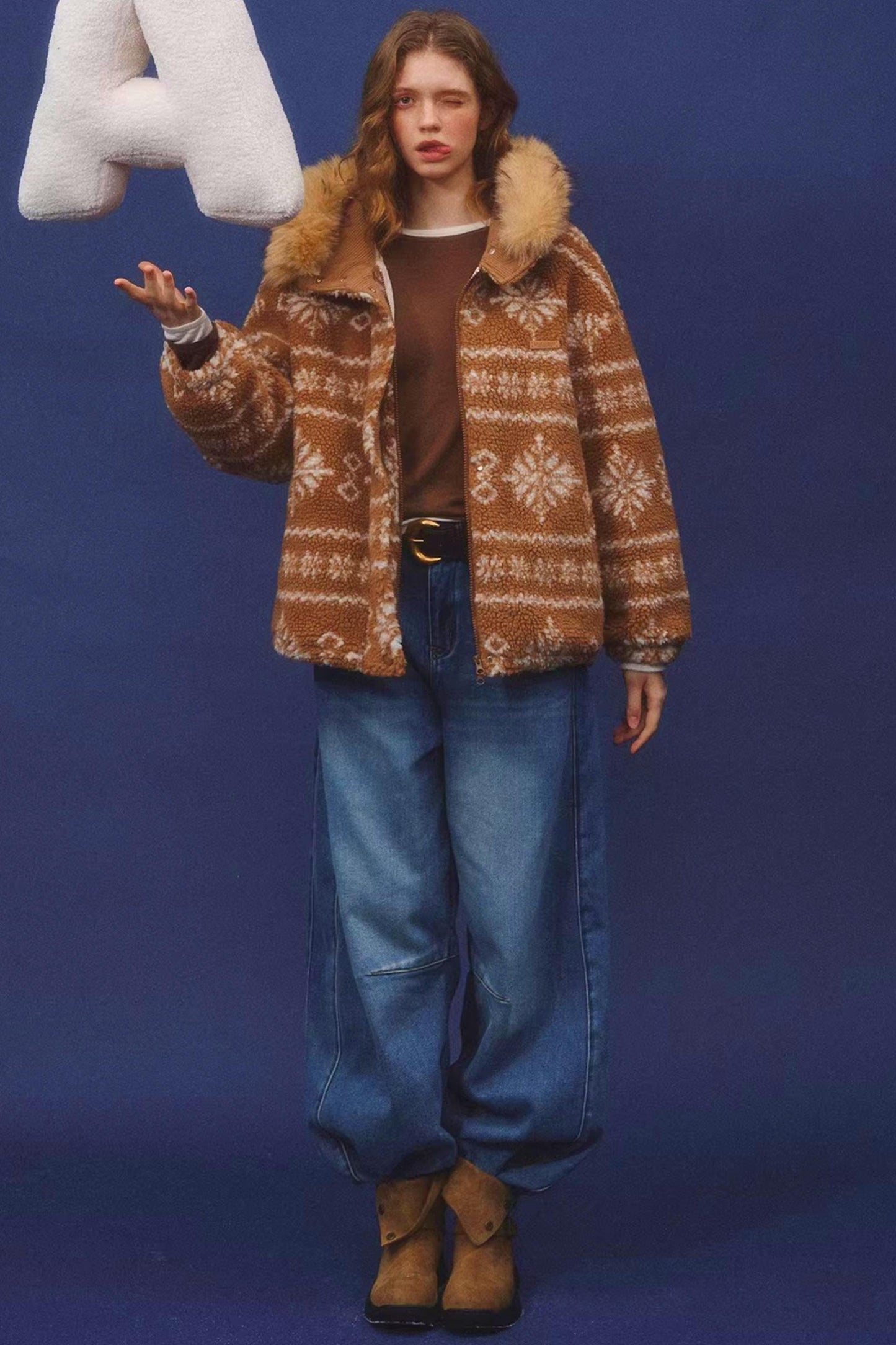 Fair Isle Fur Collar Jacket