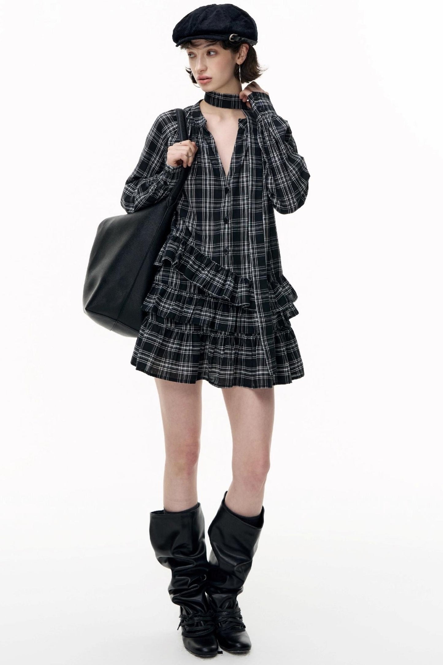 Plaid Ruffle Long Sleeve Shirt Dress