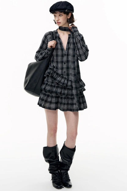 Plaid Ruffle Long Sleeve Shirt Dress