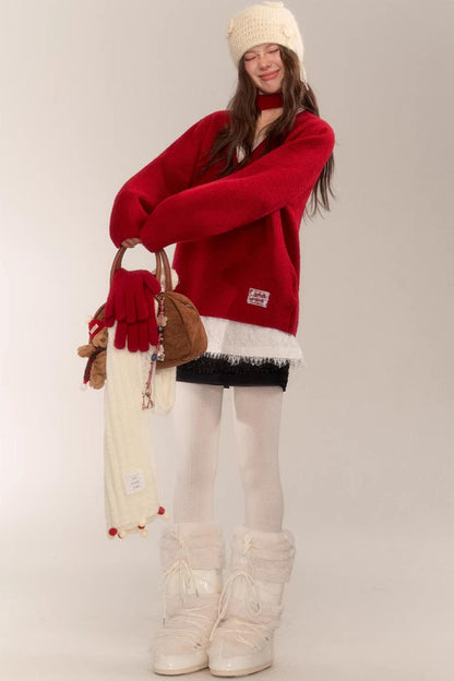 Asgony Red Retro Knit Sweater