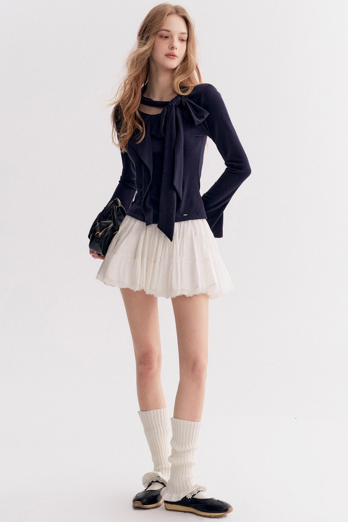 Romantic French Streamer Bow V-Neck Slim T-Shirt