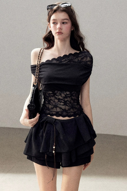 Lace Asymmetrical Shoulder Top