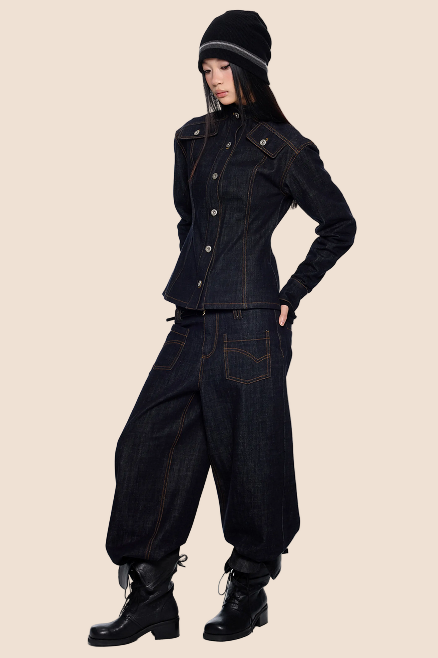 Wide-Shoulder Denim Jacket Set-Up