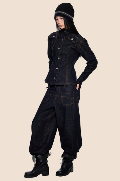 Wide-Shoulder Denim Jacket Set-Up