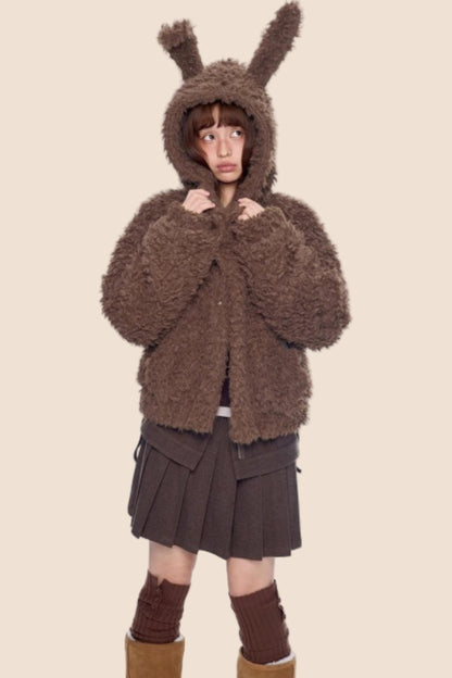 Imitation Wool Hooded Cardigan