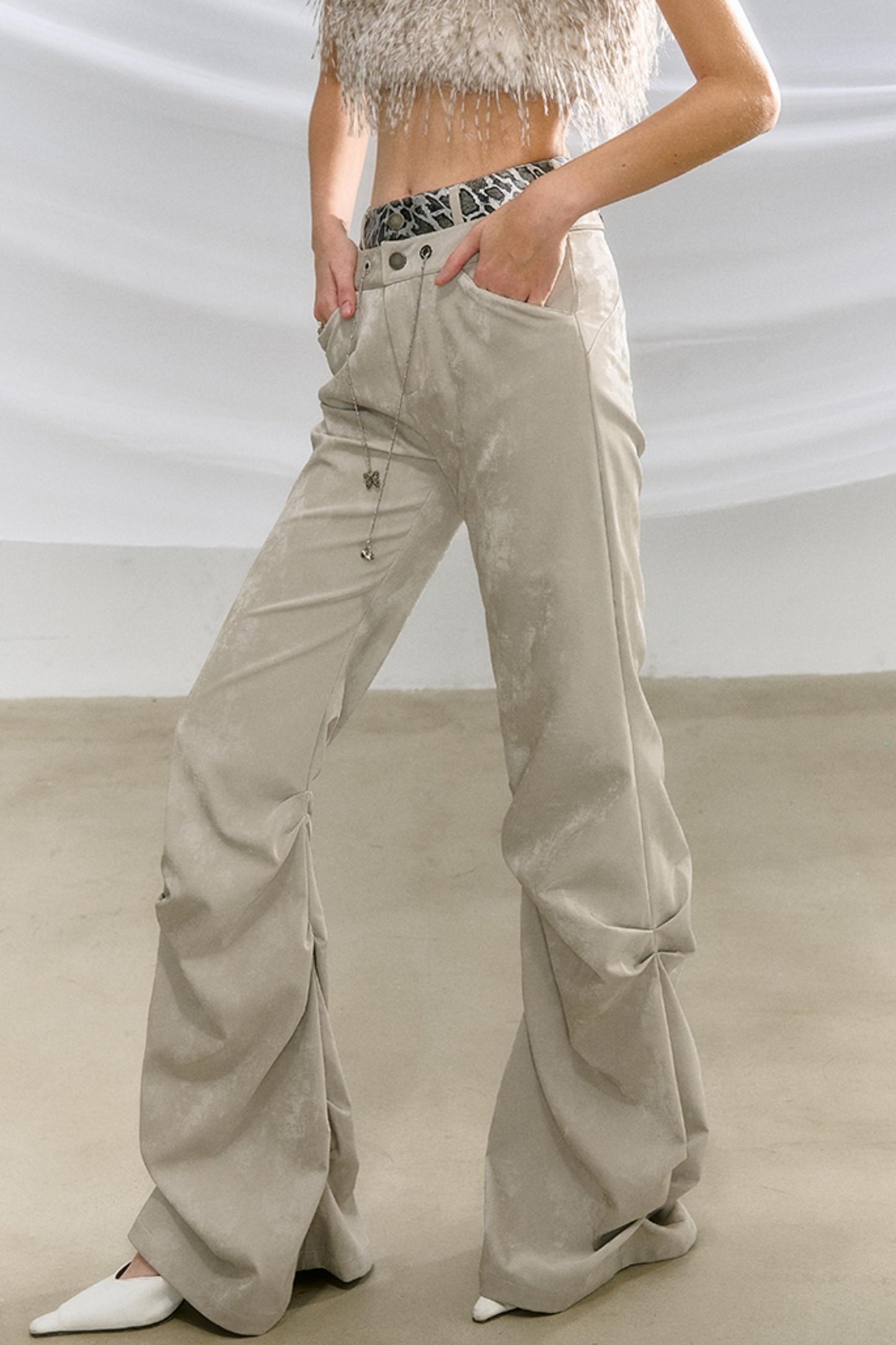 Glossy Leather Pleated Flared Pants