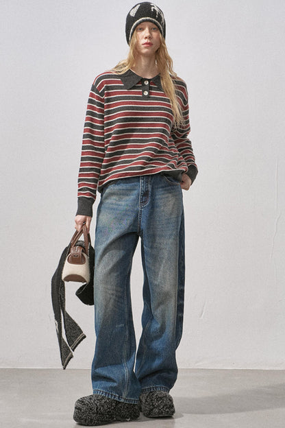 Cotton Wool Striped Polo Sweater