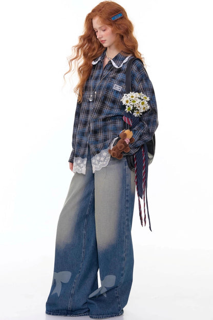 Retro Bow Design High-Waisted Denim Pants
