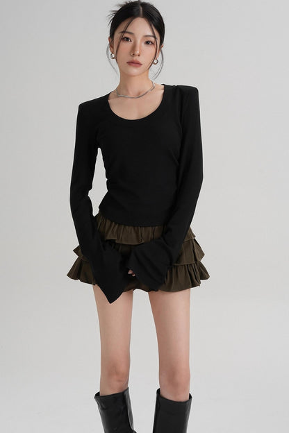 T-shirt amincissant à manches longues à taille ras du cou