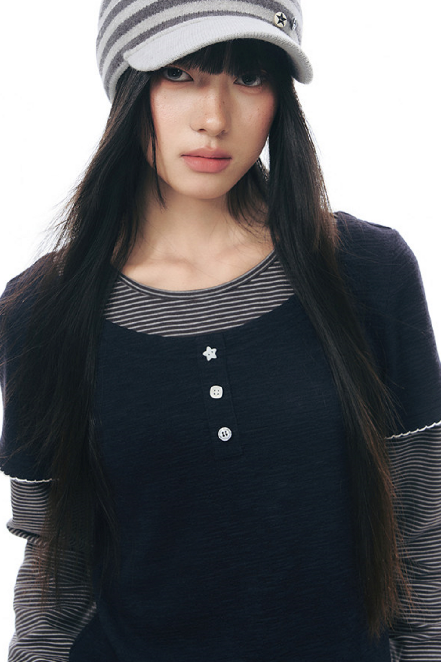 Henley Collar Fake Two-Piece Top