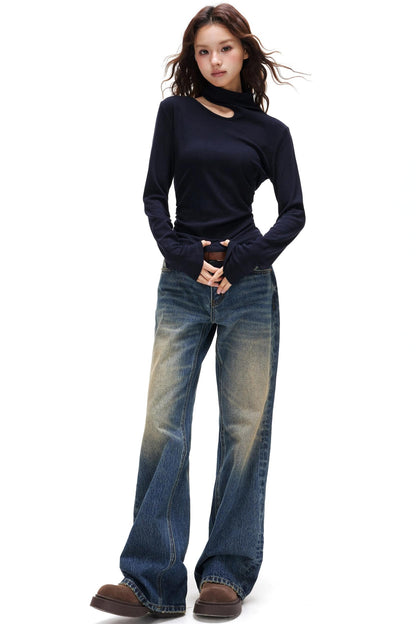 Thin Velvet Pleated Turtleneck Top