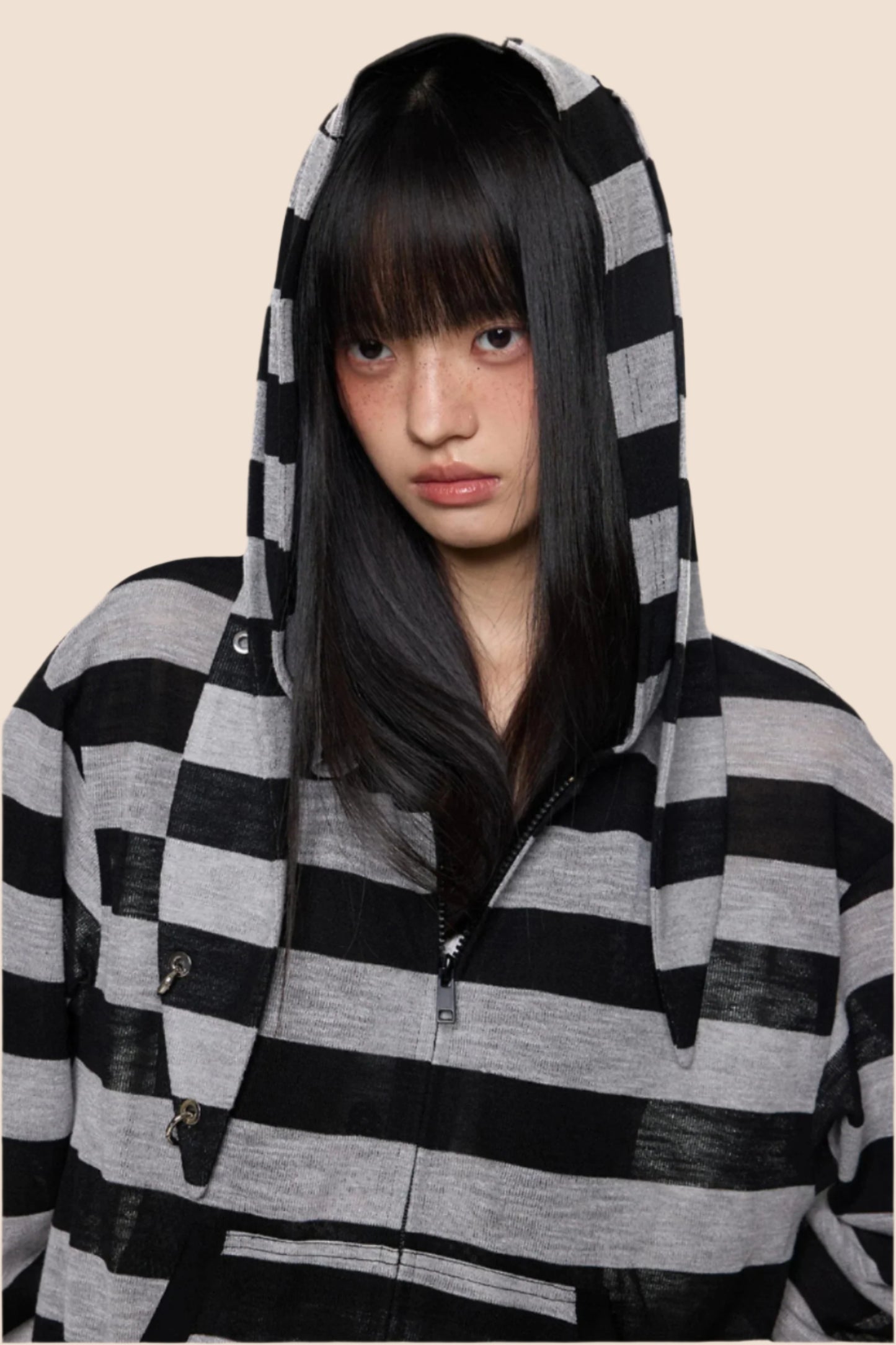 Rabbit Ears Stripe Hooded Long Sleeve Cardigan