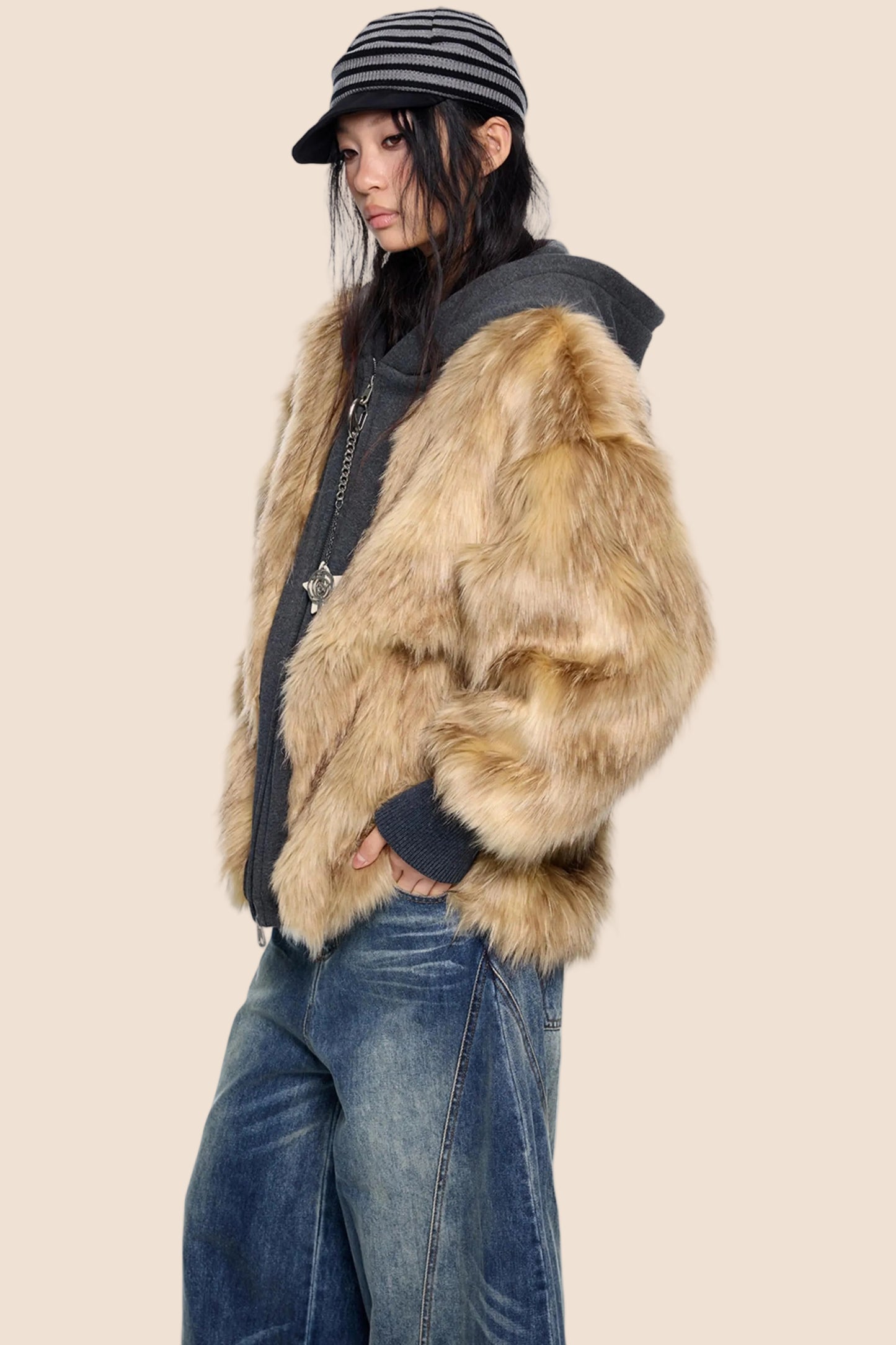 Fur Patchwork Hooded Cardigan