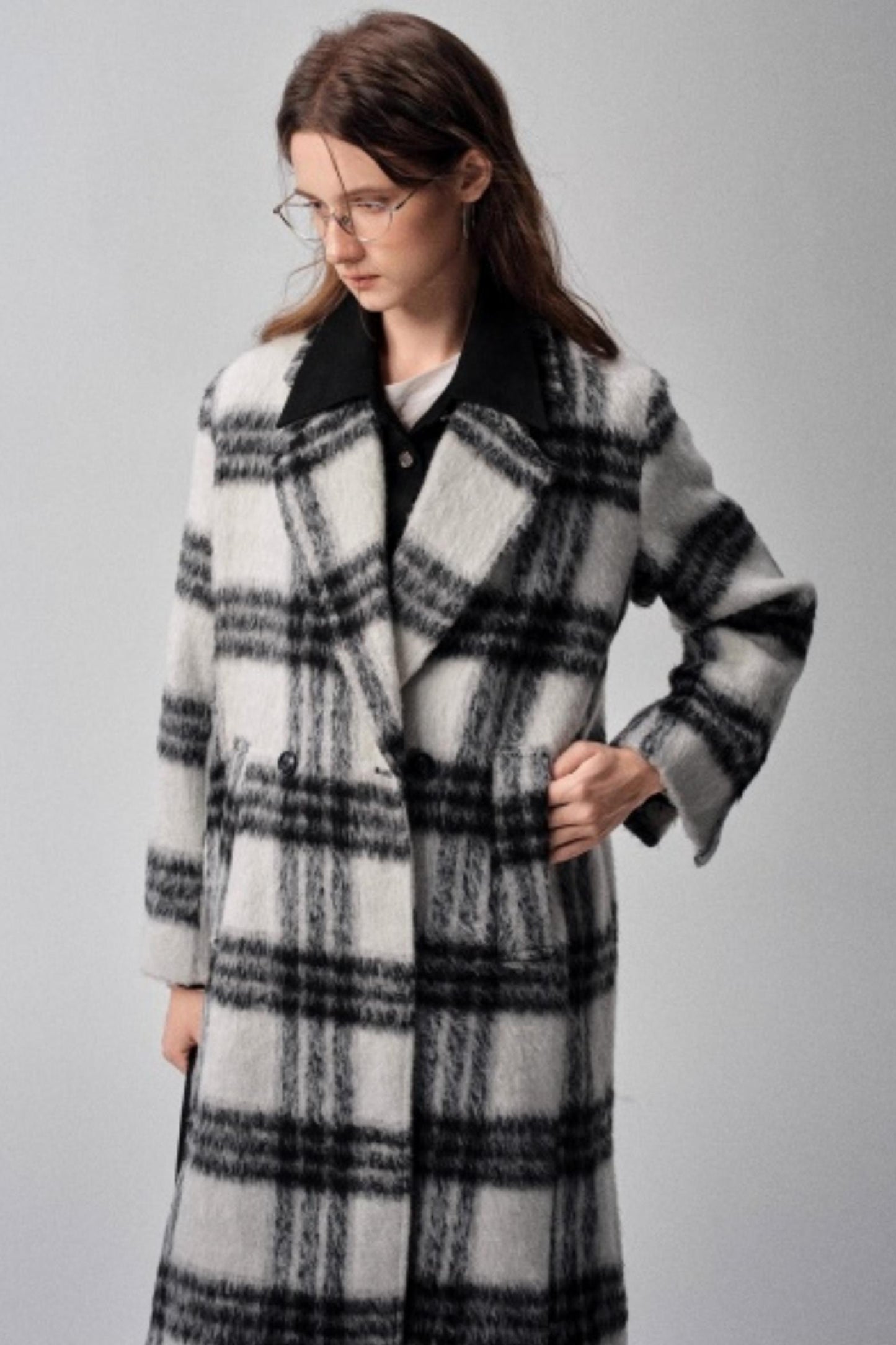 Black & White Plaid High-End Woolen Coat