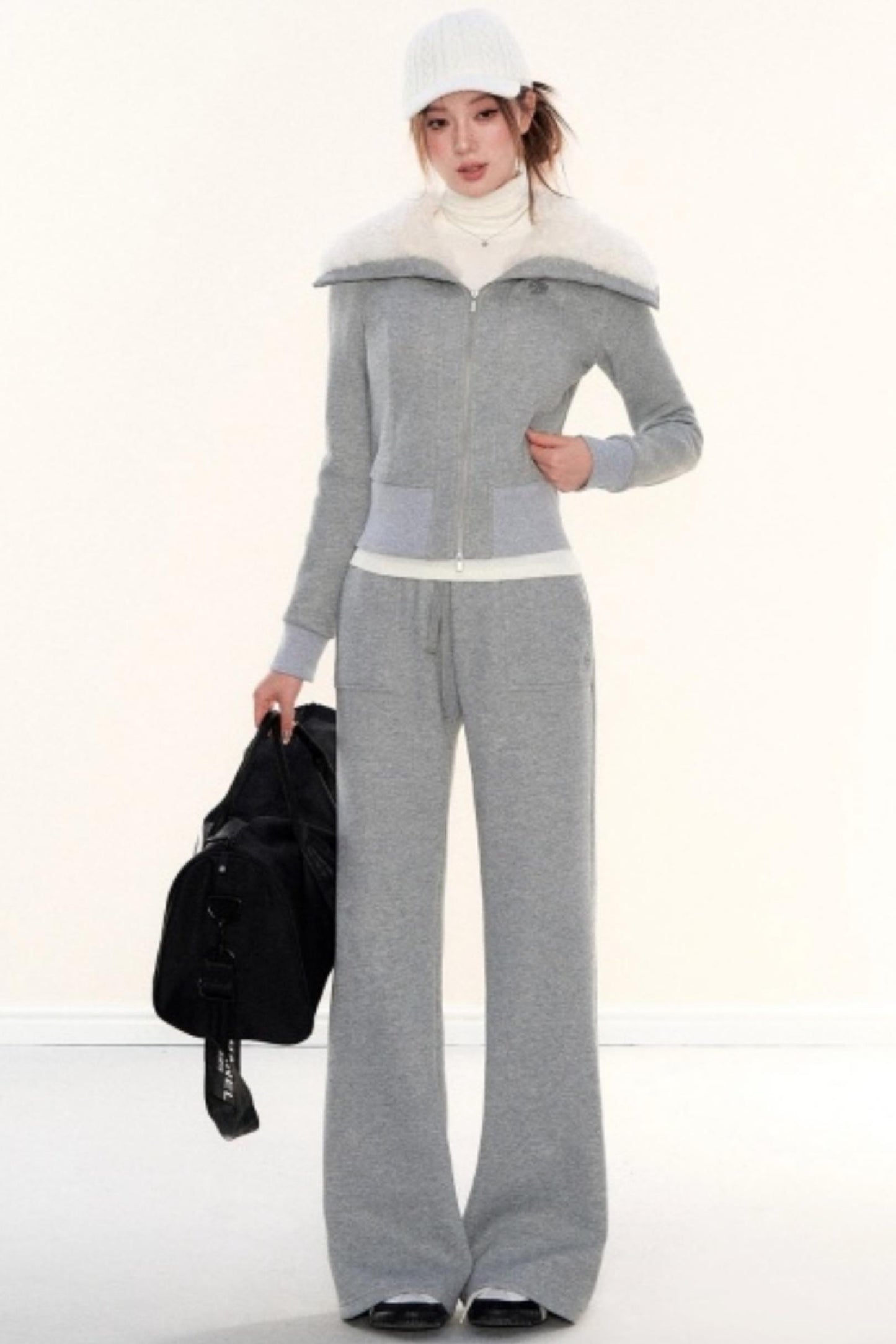 Lapel Fleece Slim Sweatshirt Jacket Set-Up