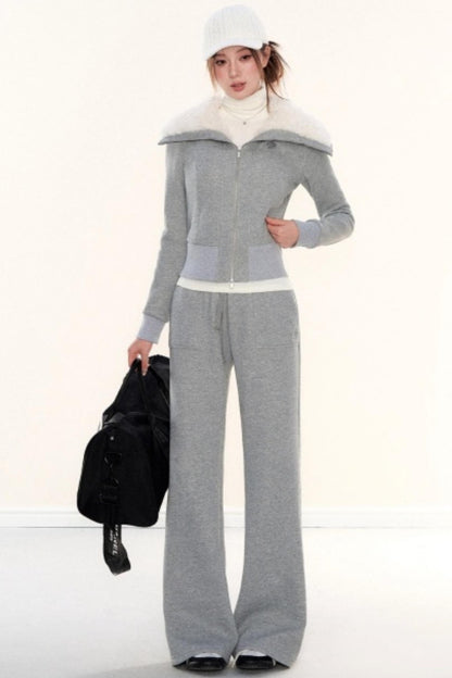 Lapel Fleece Slim Sweatshirt Jacket Set-Up