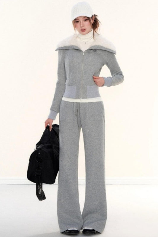 Lapel Fleece Slim Sweatshirt Jacket Set-Up