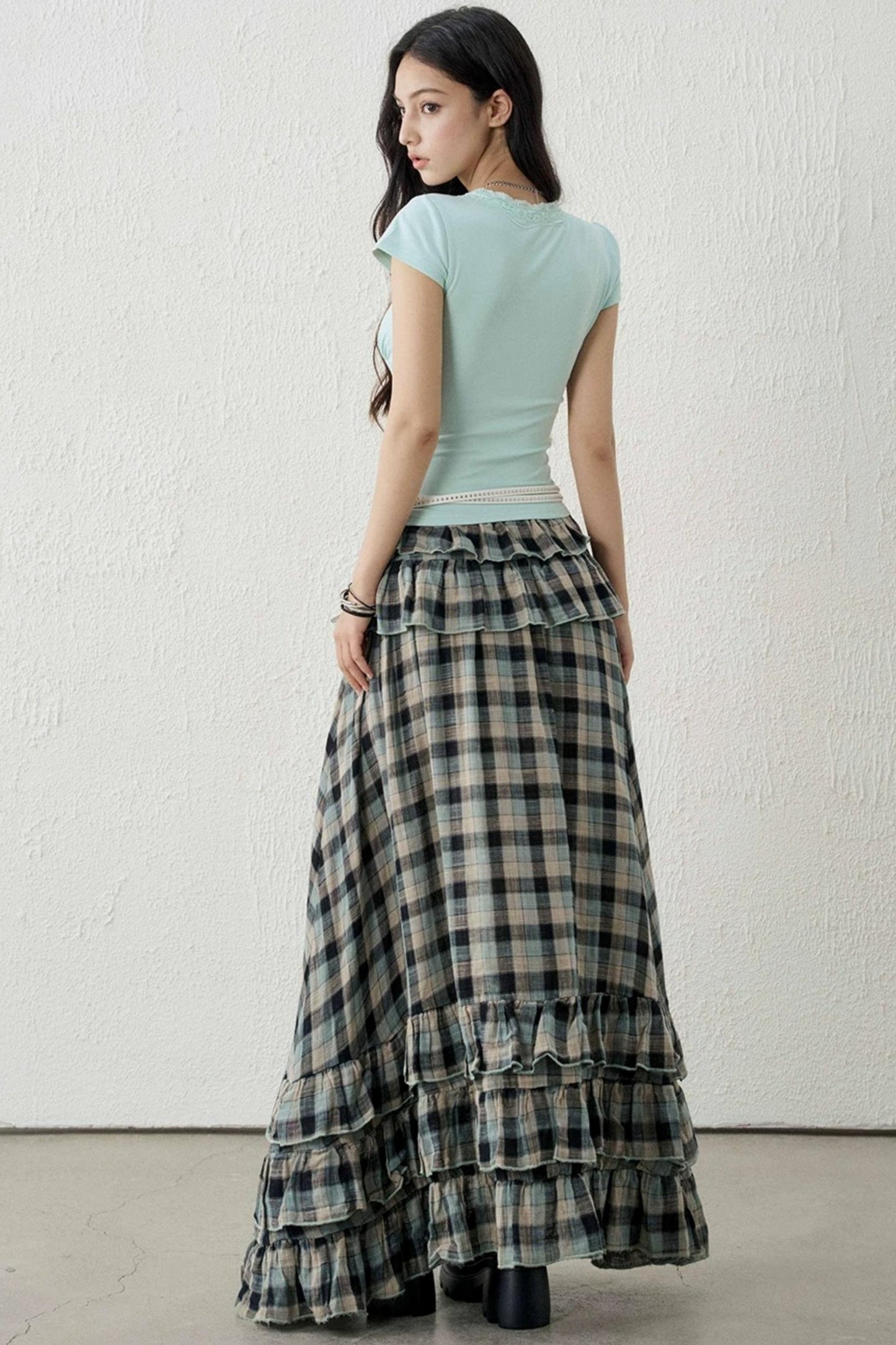 Gray-Green Plaid Ruffled Skirt