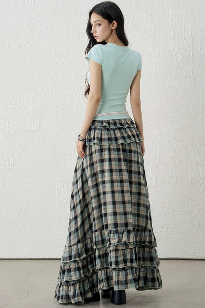 Gray-Green Plaid Ruffled Skirt