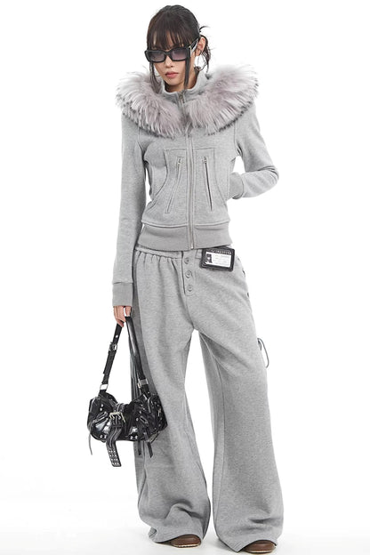 Korean Fur Collar Hooded Jacket Set-Up