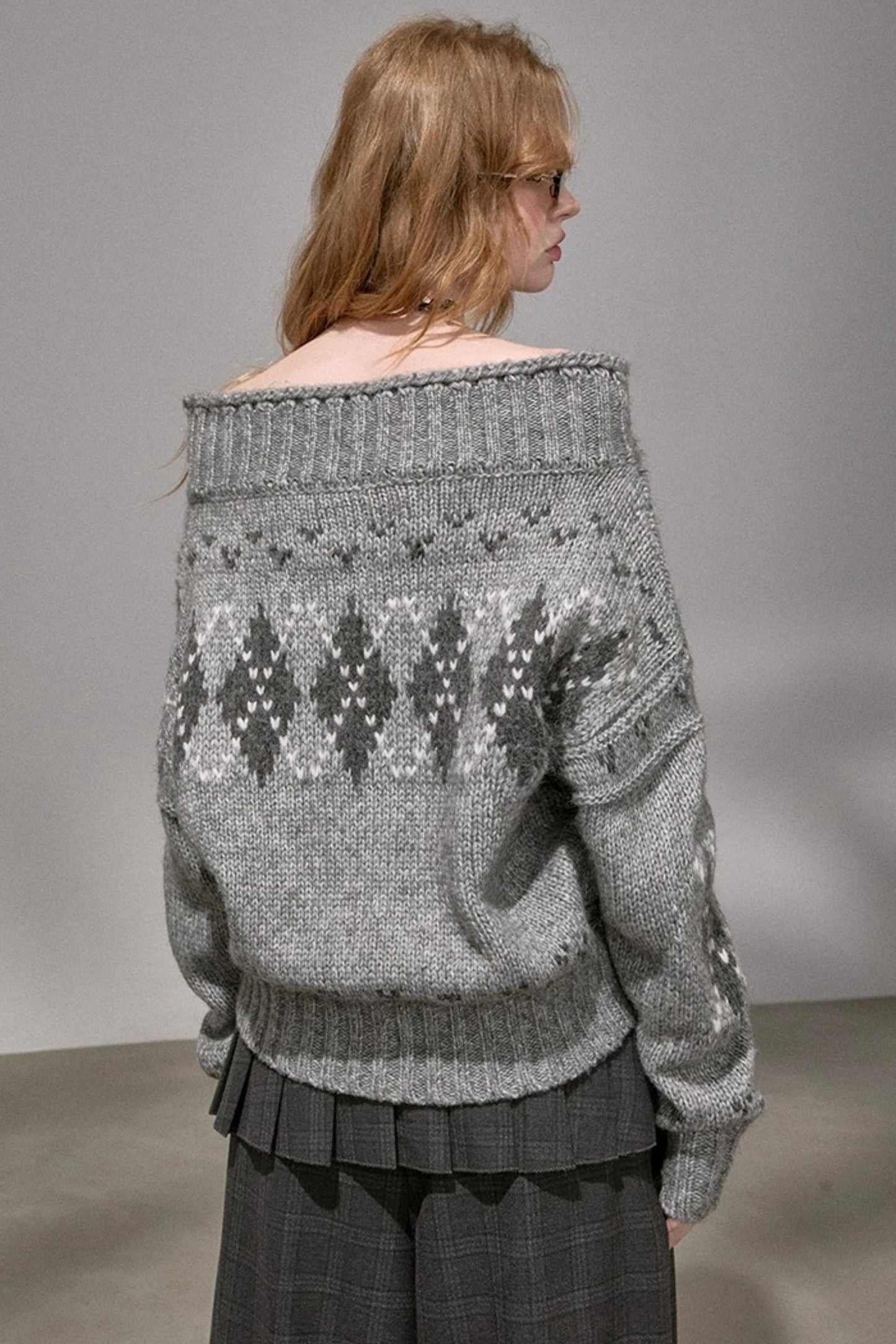 Thick Knit Argyle Off-Shoulder Sweater