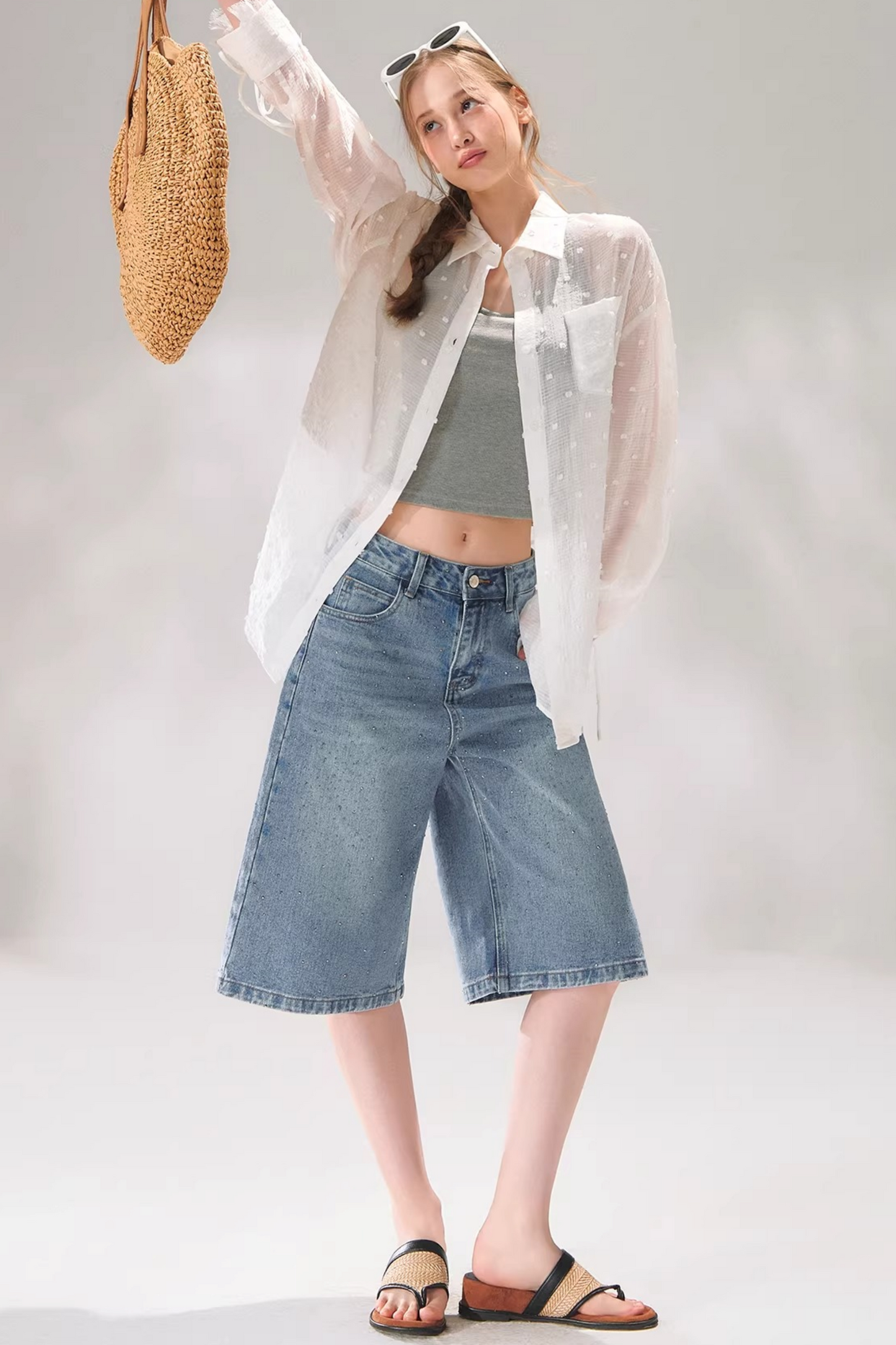 Rhinestone Denim Cropped Pants