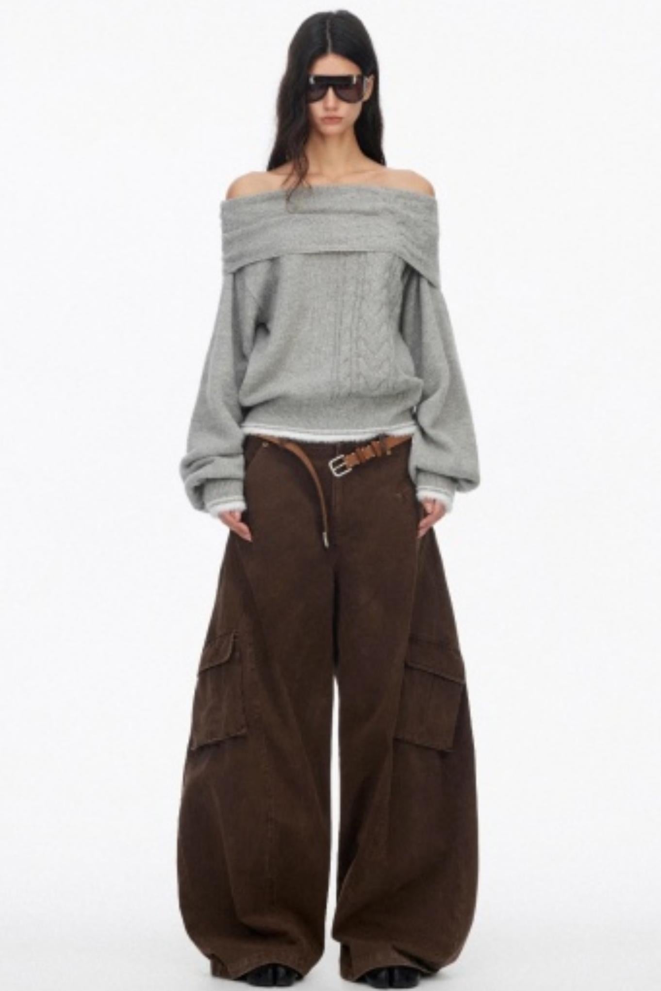 Distressed Washed Wide-Leg Scimitar Pants