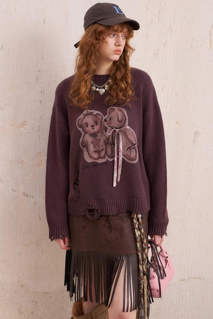 Kiss Bear Print Long Sleeve Sweater