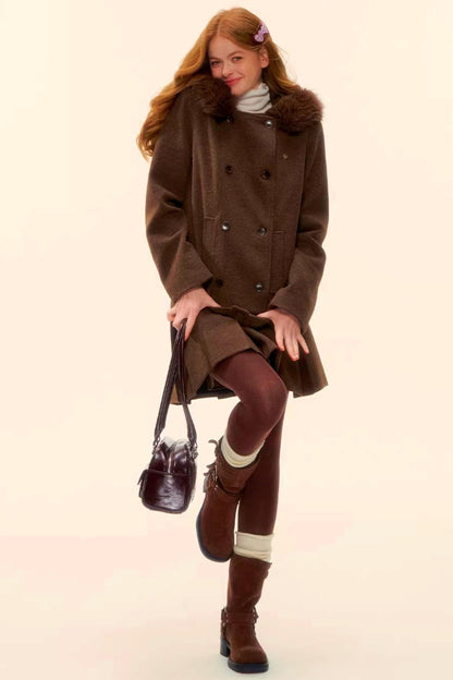 Retro Coffee Woolen Coat Skirt Set-Up