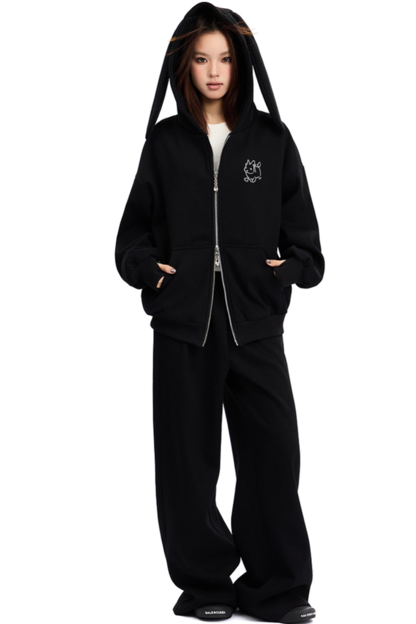 Bunny Ears Hooded Cardigan & Wide Pants Set-Up