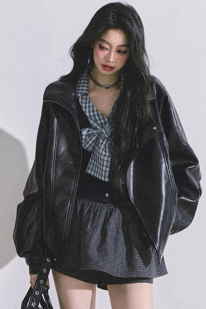 American Long-Sleeved Bow Plaid T-Shirt